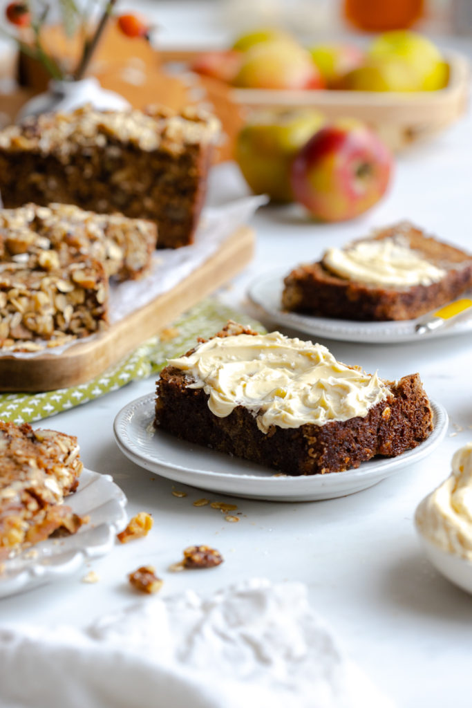 Brown Butter Apple Oat Walnut Bread with Whipped Honey Butter and sea salt flakes