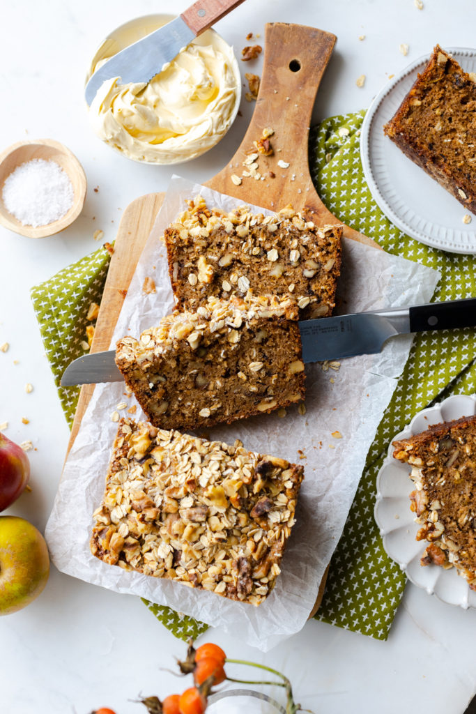 Slicing Brown Butter Apple Oat Walnut Bread
