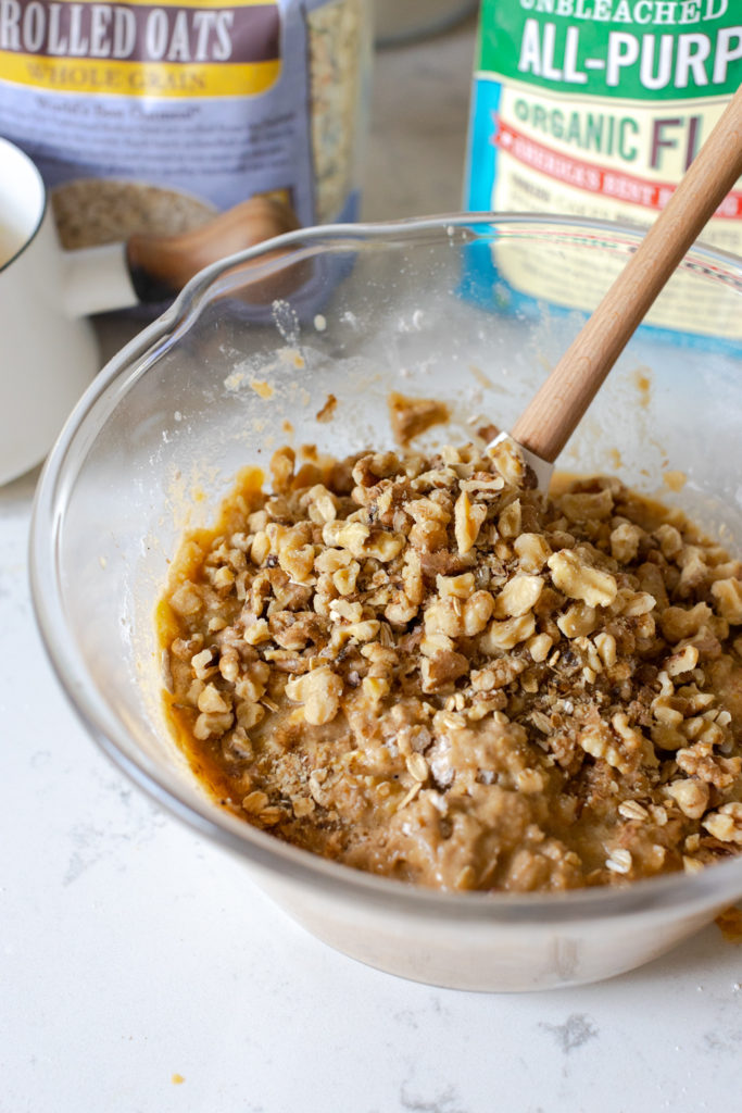 Wet ingredients for Brown Butter Apple Oat Walnut Bread batter