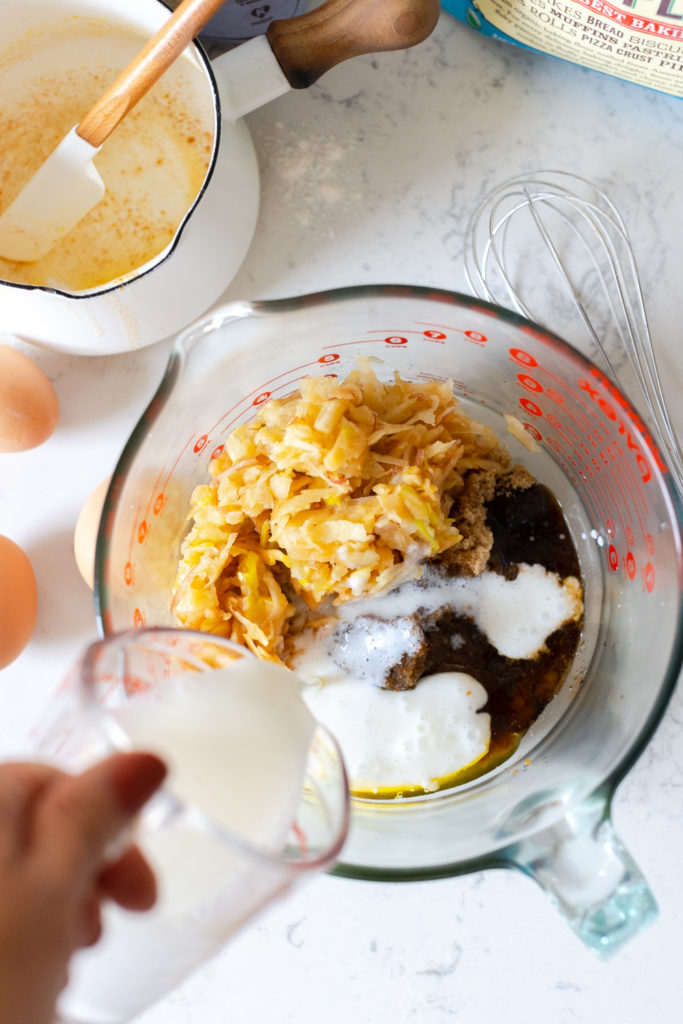 Wet ingredients for Brown Butter Apple Oat Walnut Bread