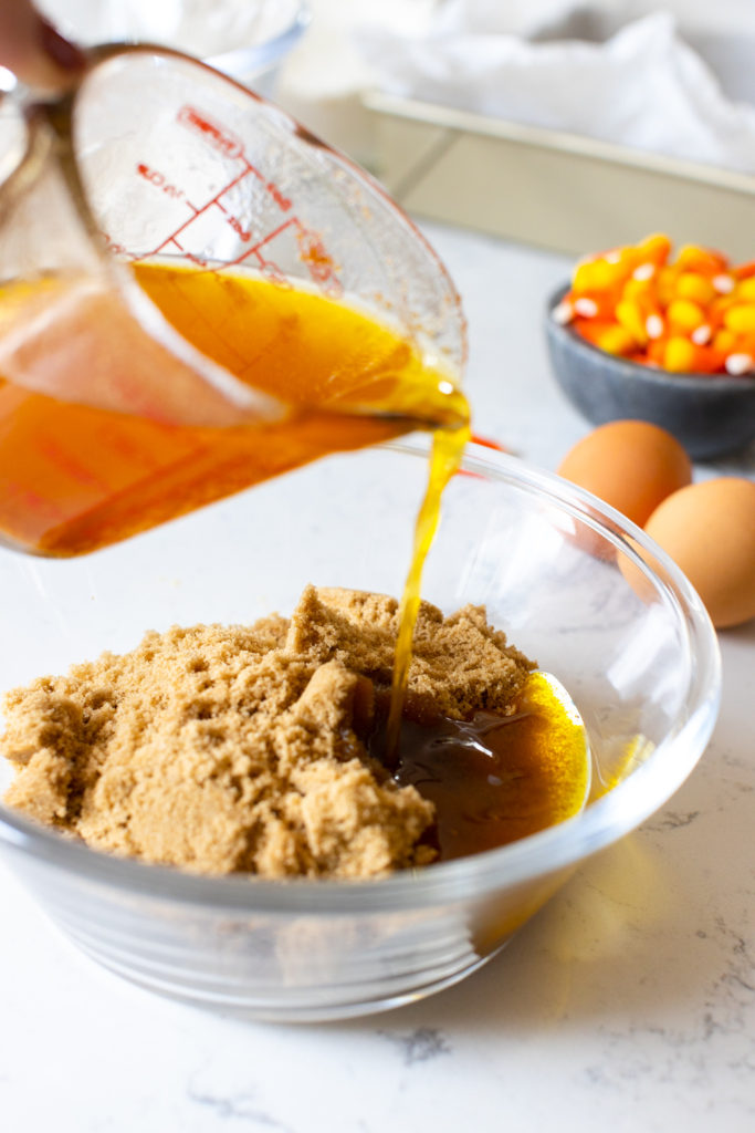 Whisking together Candy Corn Blondies