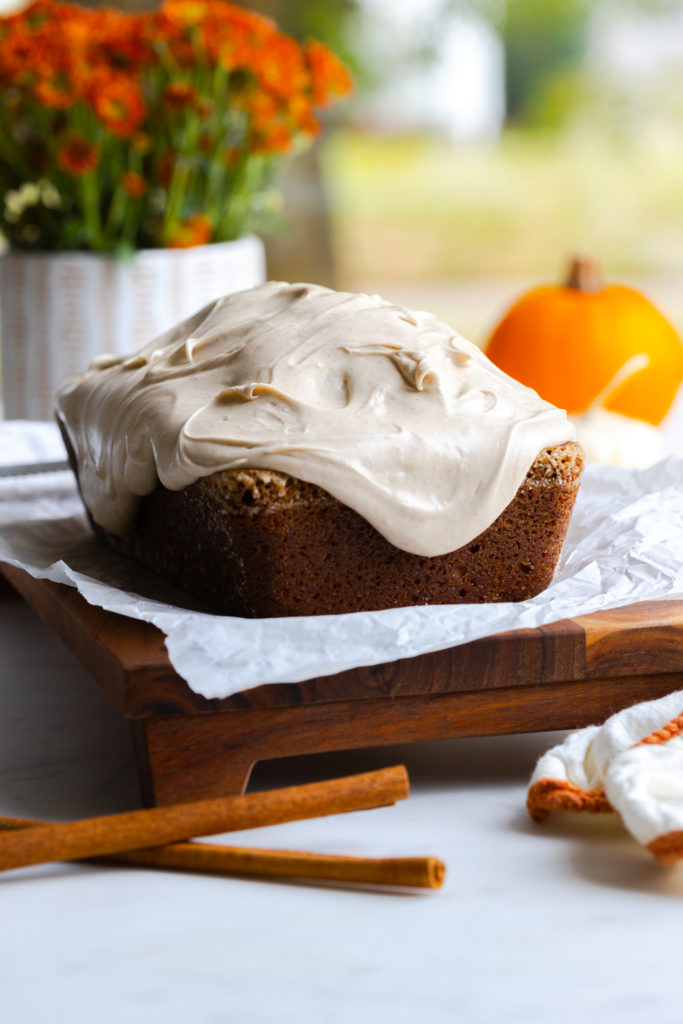 Pumpkin Spice Bread with Maple Cream Cheese Frosting loaf