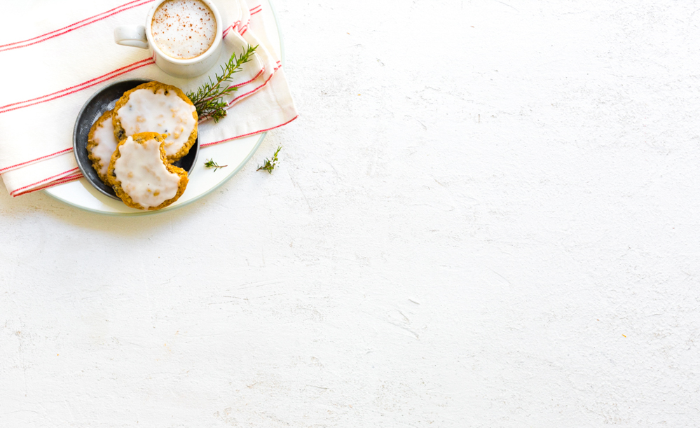 Iced Orange Currant Oatmeal Cookies for Santa - overhead shot on white background with generous white space
