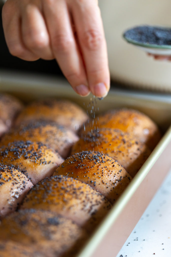sprinkling poppy seeds on warm sweet potato rolls