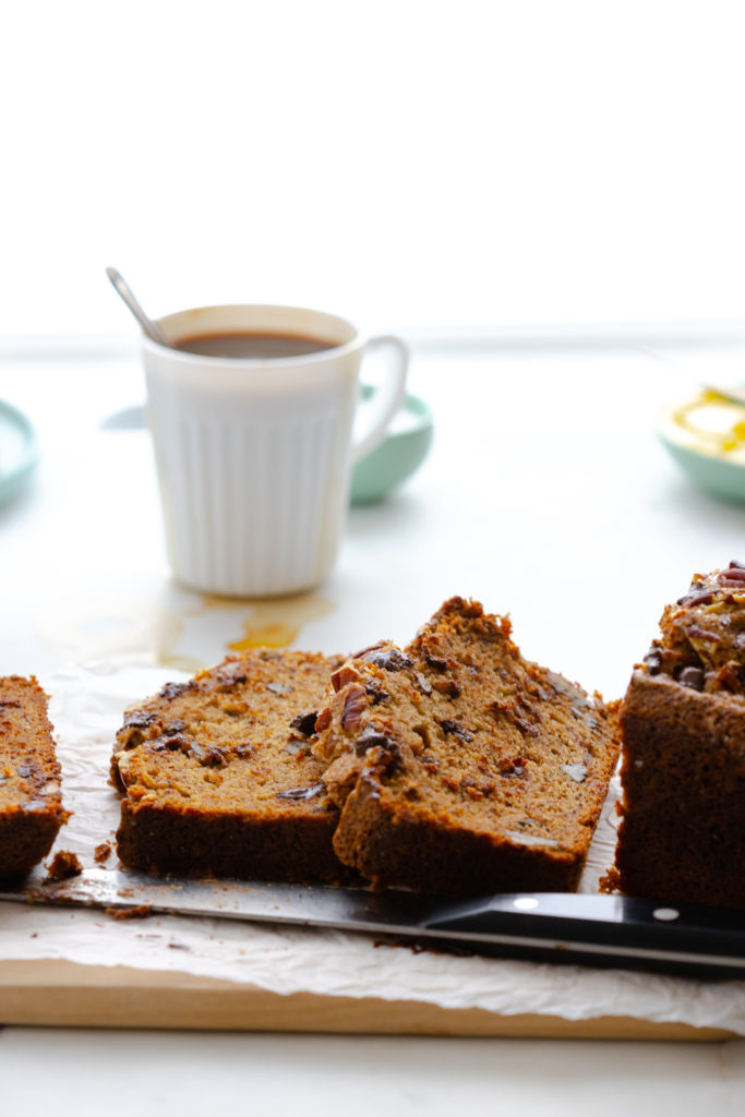 Brown Butter Pecan Chocolate Chip Banana Bread slices