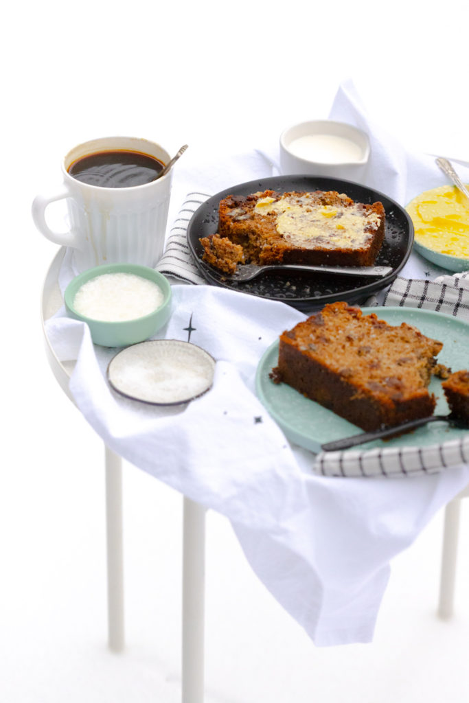 Snowy Brown Butter Pecan Chocolate Chip Banana Bread