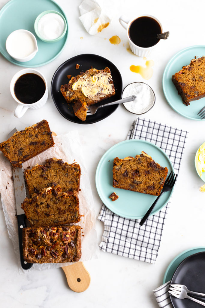 Brown Butter Pecan Chocolate Chip Banana Bread with coffee