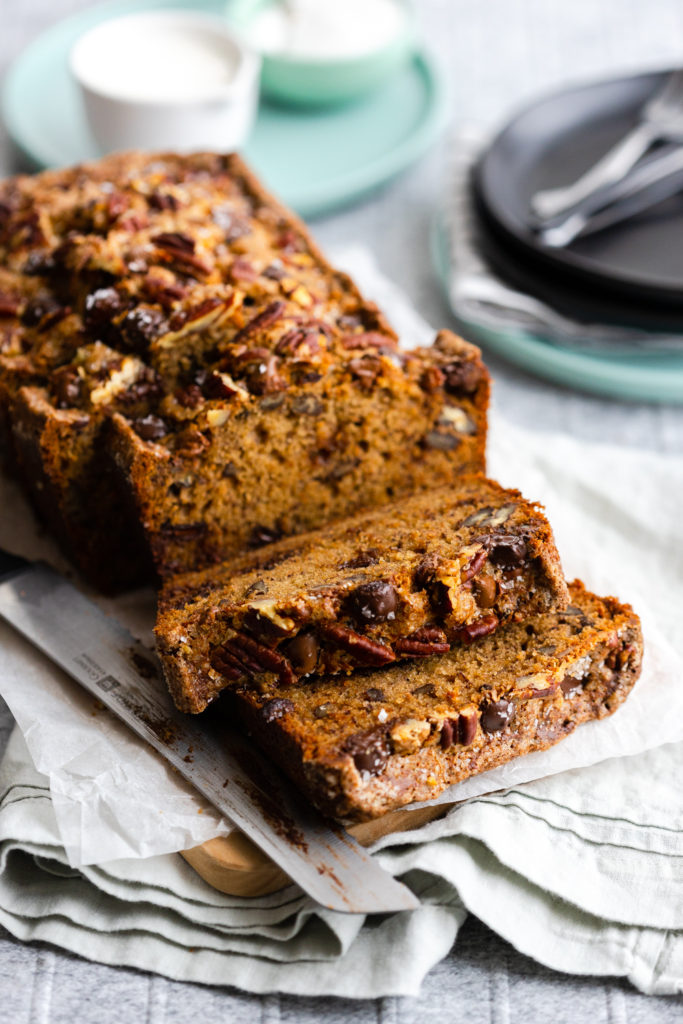Warm slices of Brown Butter Pecan Chocolate Chip Banana Bread