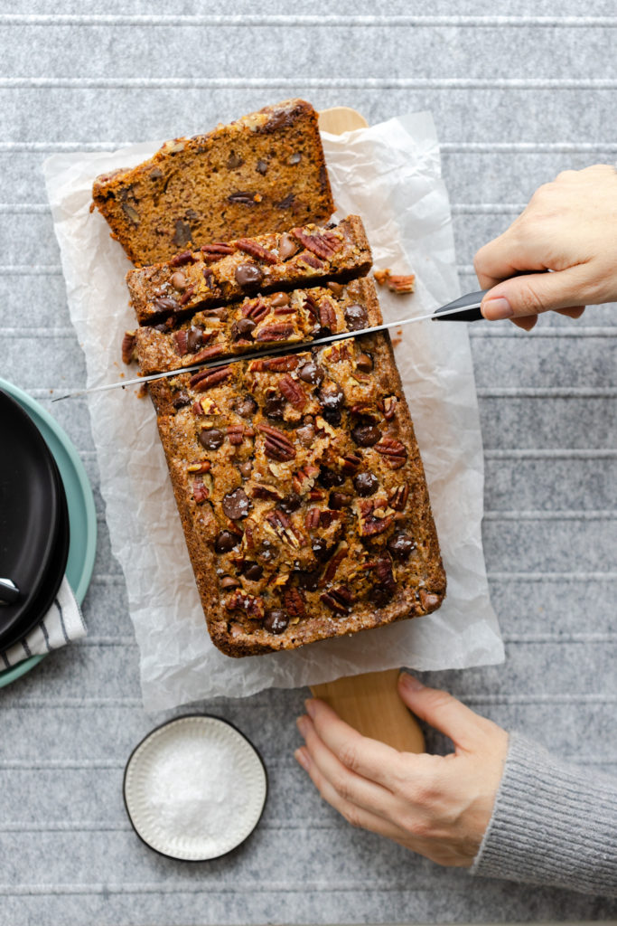 Brown Butter Pecan Chocolate Chip Banana Bread cooling