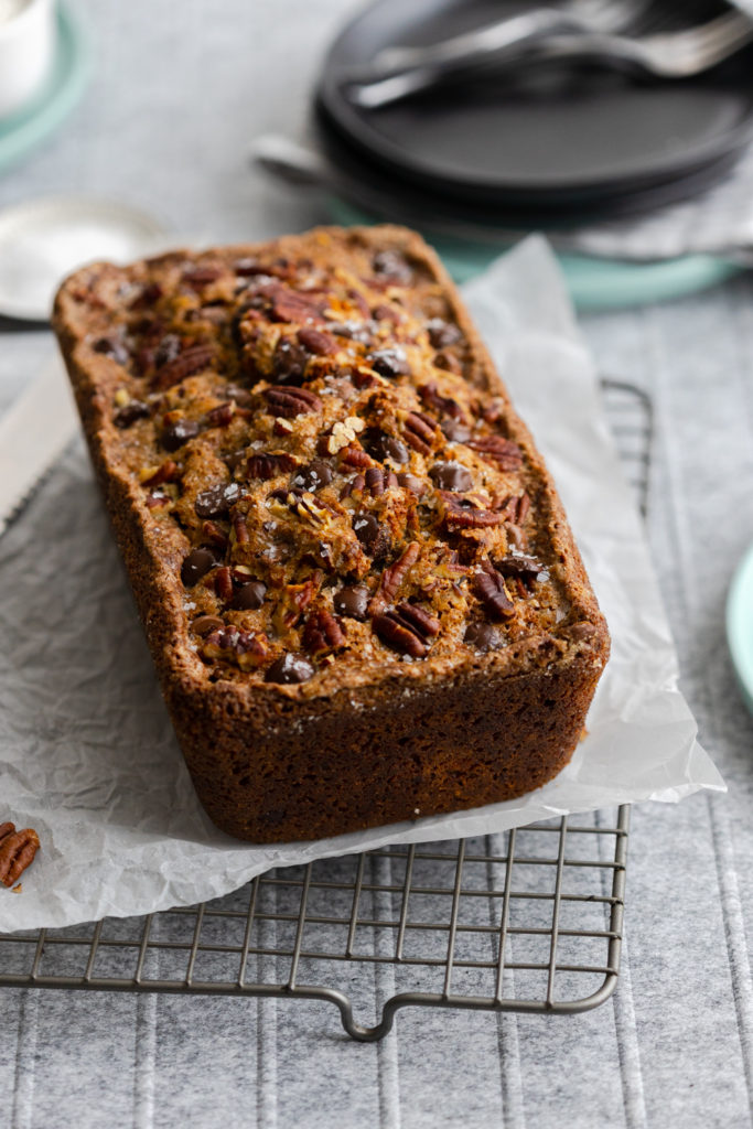 Brown Butter Pecan Chocolate Chip Banana Bread cooling