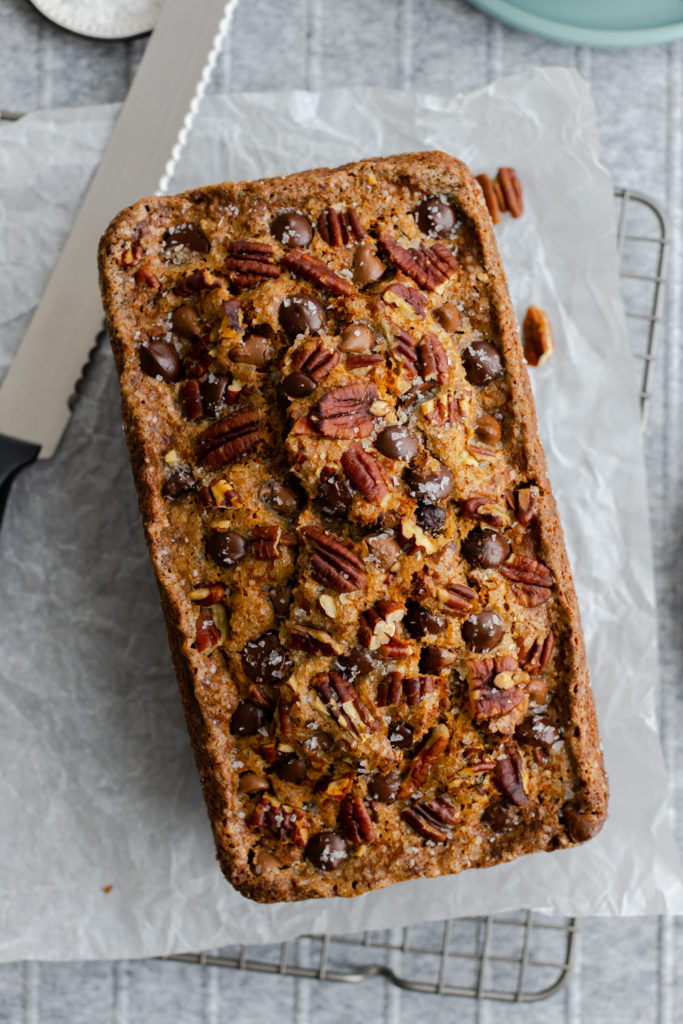 Brown Butter Pecan Chocolate Chip Banana Bread loaf