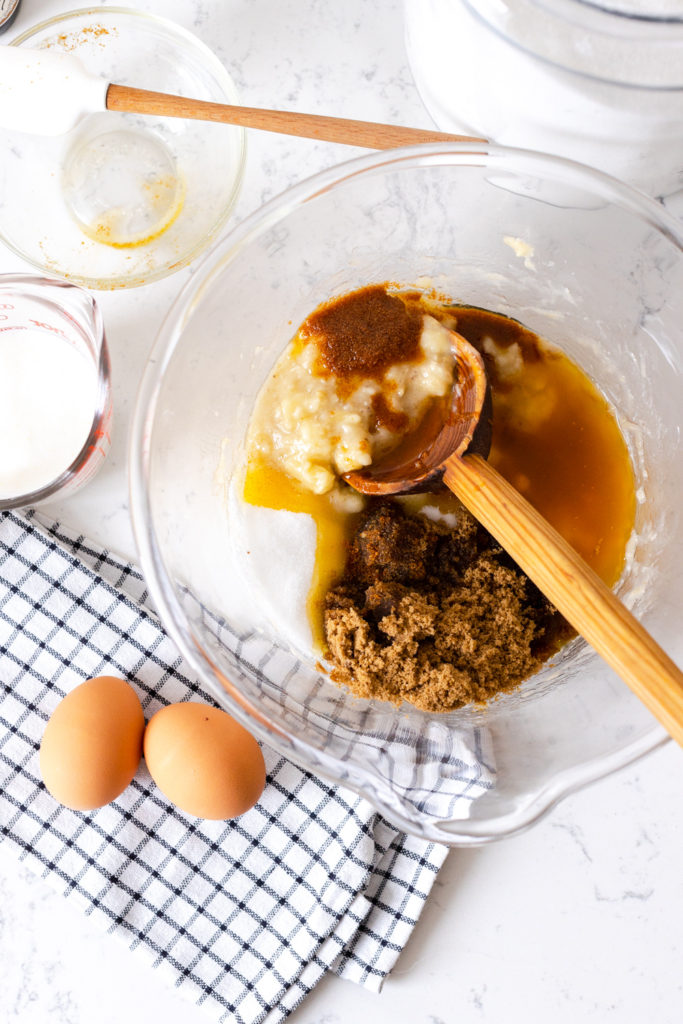 mixing banana bread batter