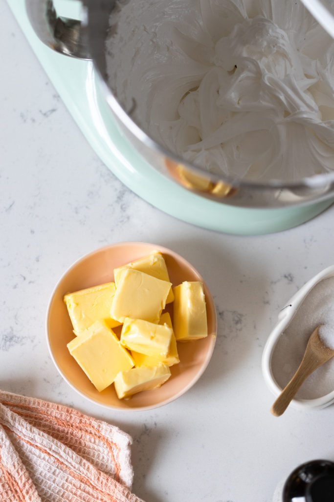 Adding butter to Meringue Buttercream Filling