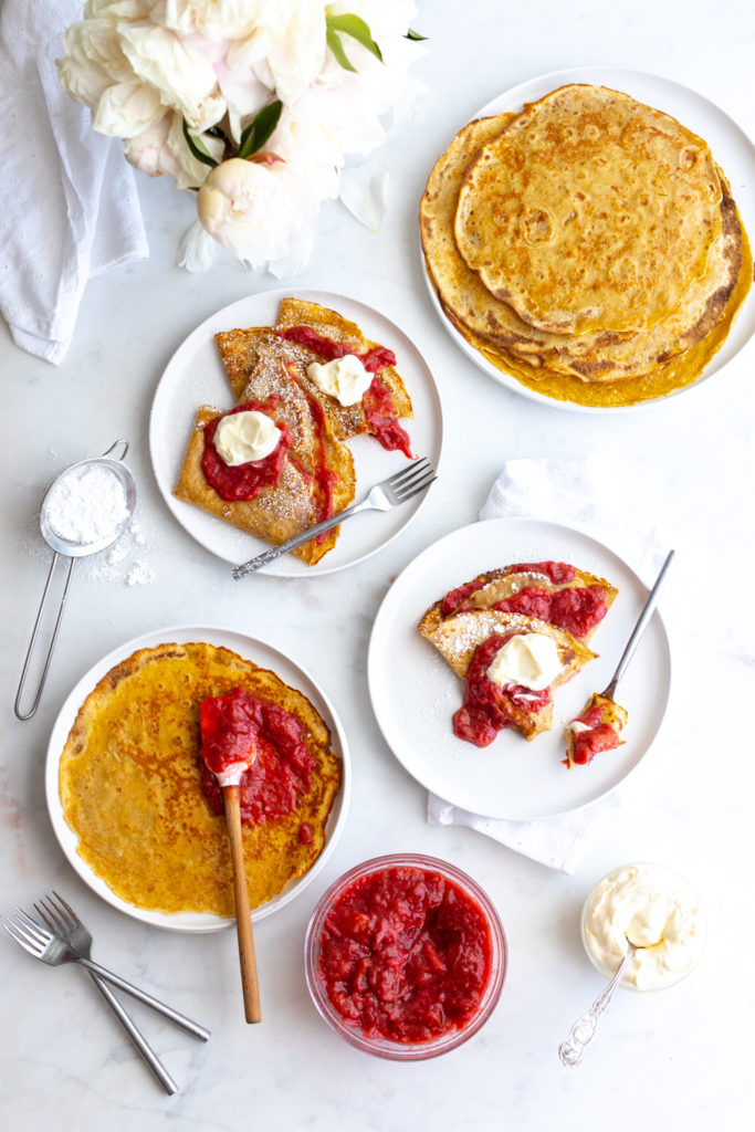 Serving Rye Crepes alongside Rhubarb Raspberry Ginger Compote