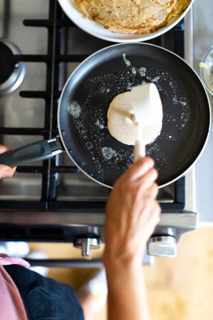 pouring rye crepe batter
