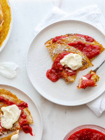 Rye Crepes with Rhubarb Raspberry Ginger Compote by Baking The Goods