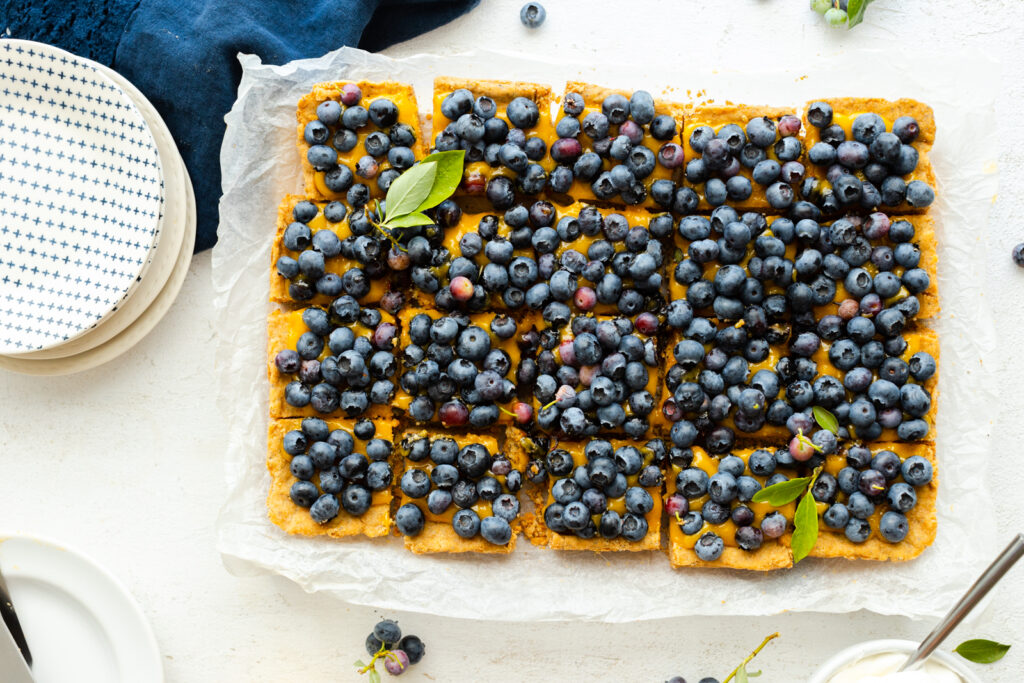 Blueberry Lemon Curd Poppy Seed Shortbread Bars cut