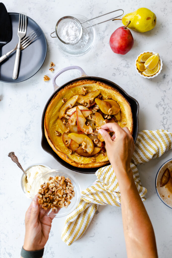 Spiced Pear & Walnut Dutch Baby layering