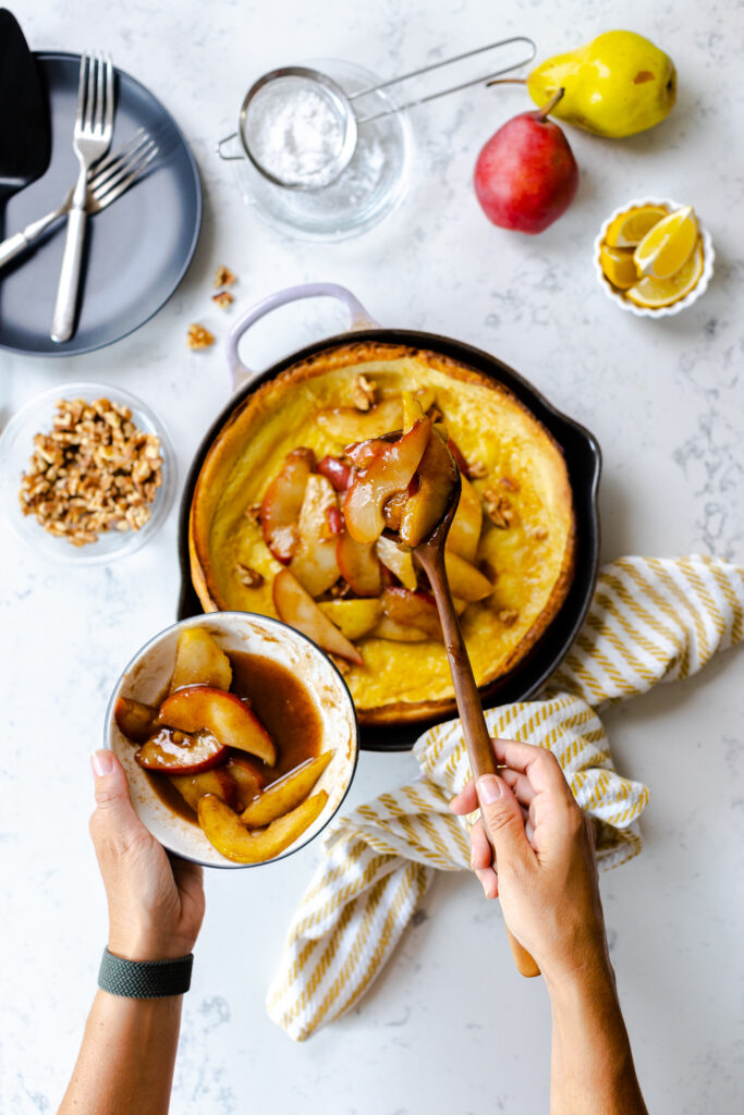 Spiced Pear & Walnut Dutch Baby assembly