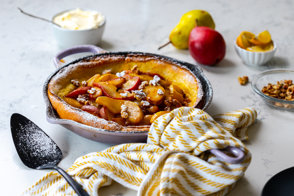 Spiced Pear & Walnut Dutch Baby with crème fraîche