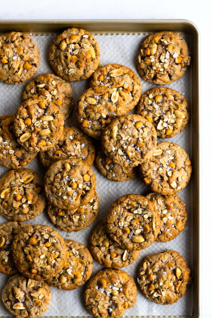 A pile of chewy, salty Peanut Butterscotch Oatmeal Cookies