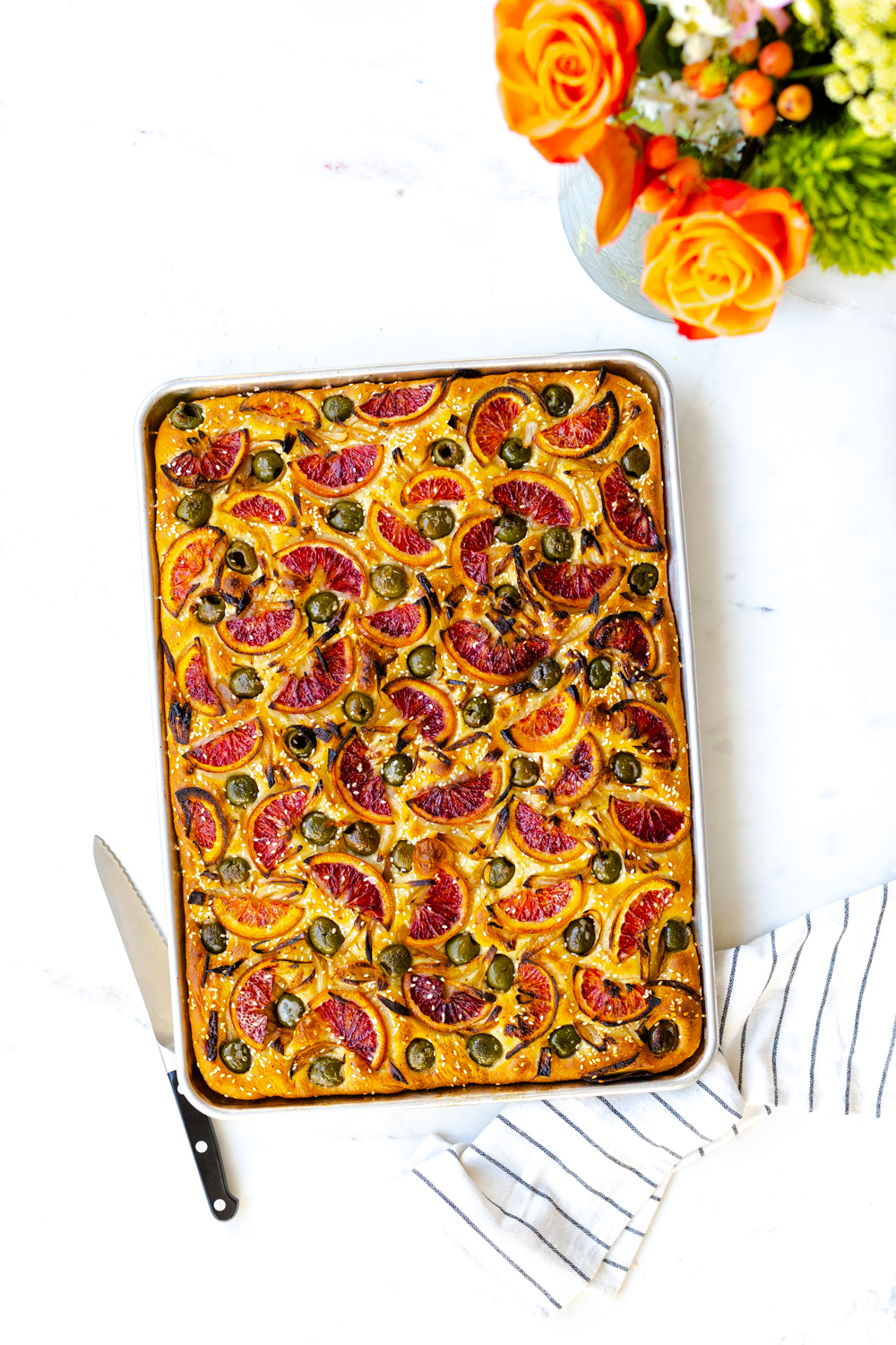 Sheet pan Blood Orange Olive Shallot Focaccia