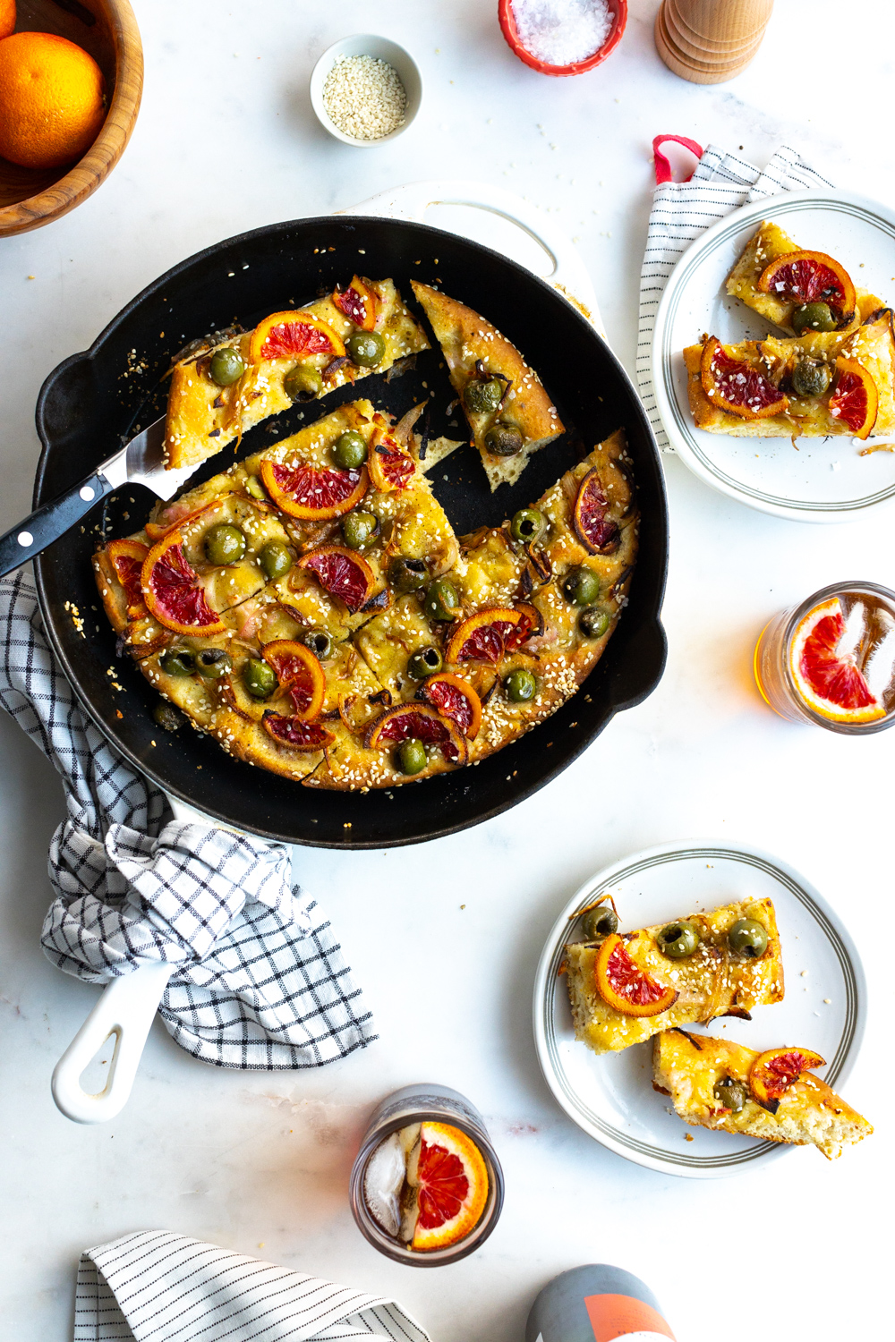 Blood Orange Olive Shallot Focaccia sliced