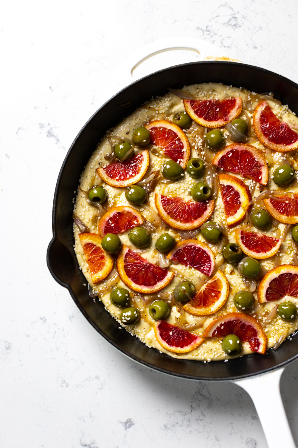 Blood Orange Olive Shallot Focaccia pre-bake