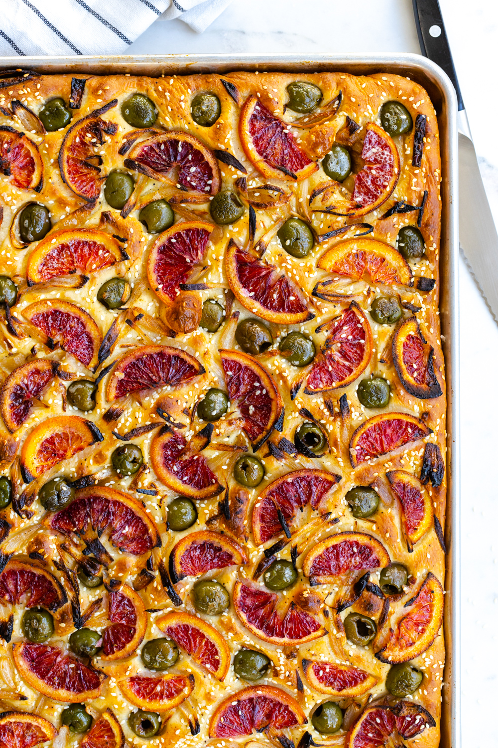 Blood Orange Olive Shallot Focaccia in sheet pan