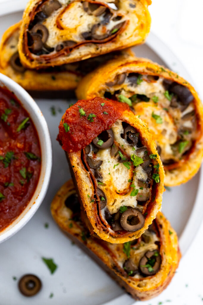 Pepperoni Black Olive Stromboli with Easy Pizza Sauce