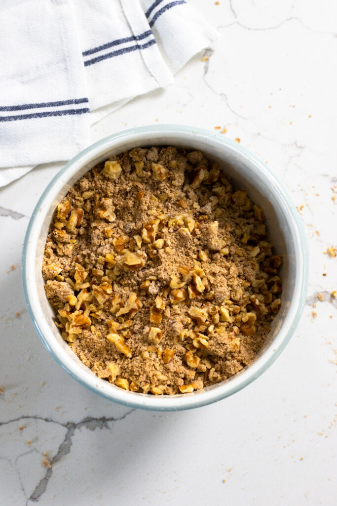 coffee cake crumble topping ready to top the cake