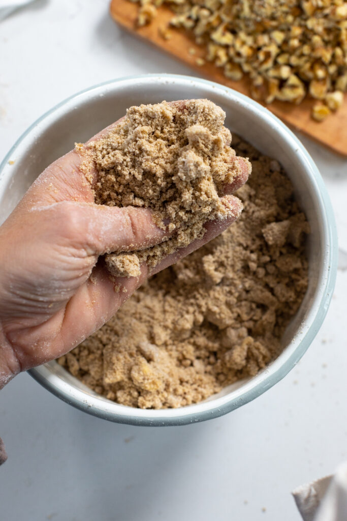 crumble topping hand-squishing coffee cake crumble topping