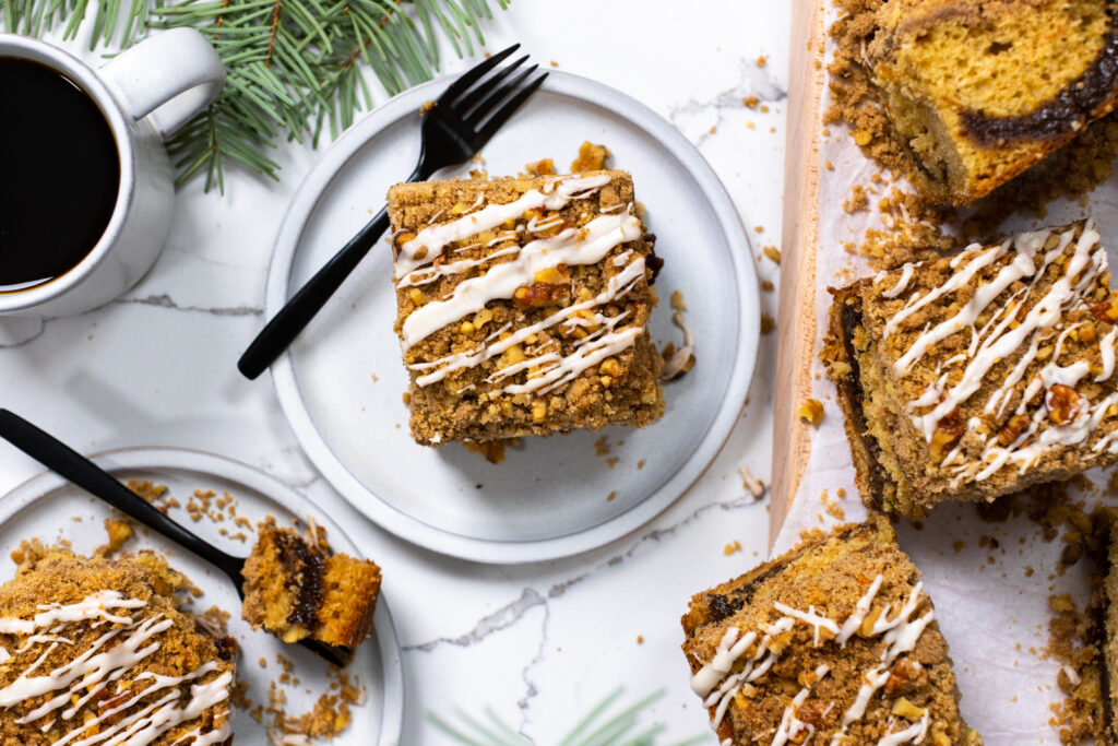 Prune Coffee Cake slices close up from above