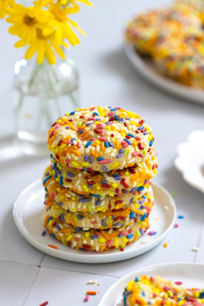 Lemon Rainbow Sprinkle Cookies stacked