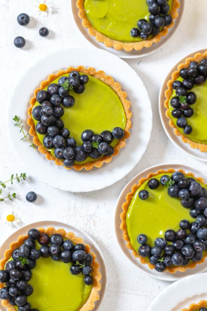 Avocado Blueberry Tarts with Almond Crust close up