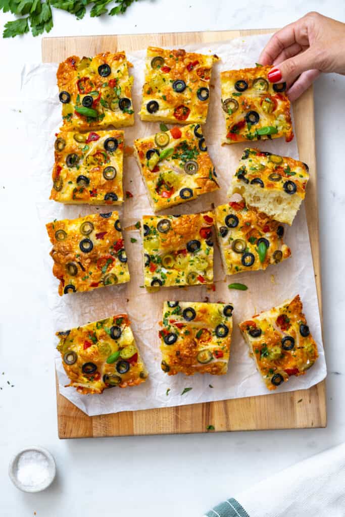 Sliced focaccia on a board