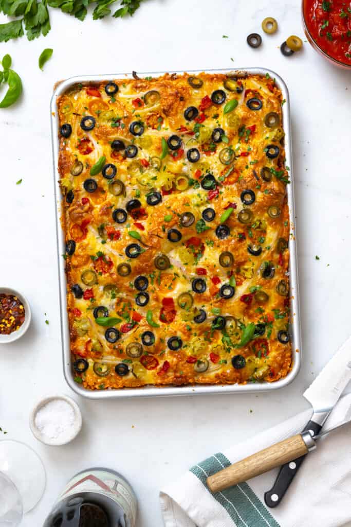 Fresh baked Antipasto Focaccia in a baking sheet