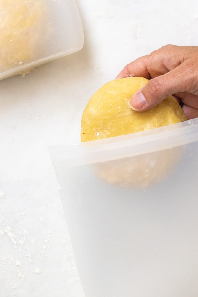 Storing All Butter Vodka Pie Dough in a silicon bag for freezing