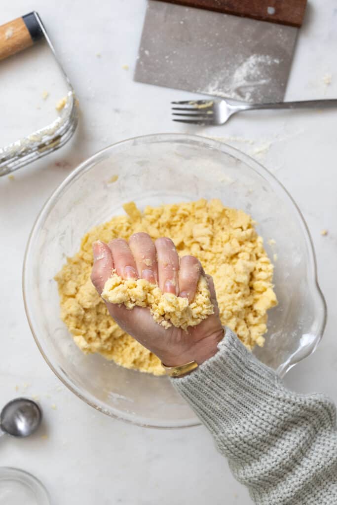 Pie dough squeeze test step 2 - squeezing the handful of dough in a fist