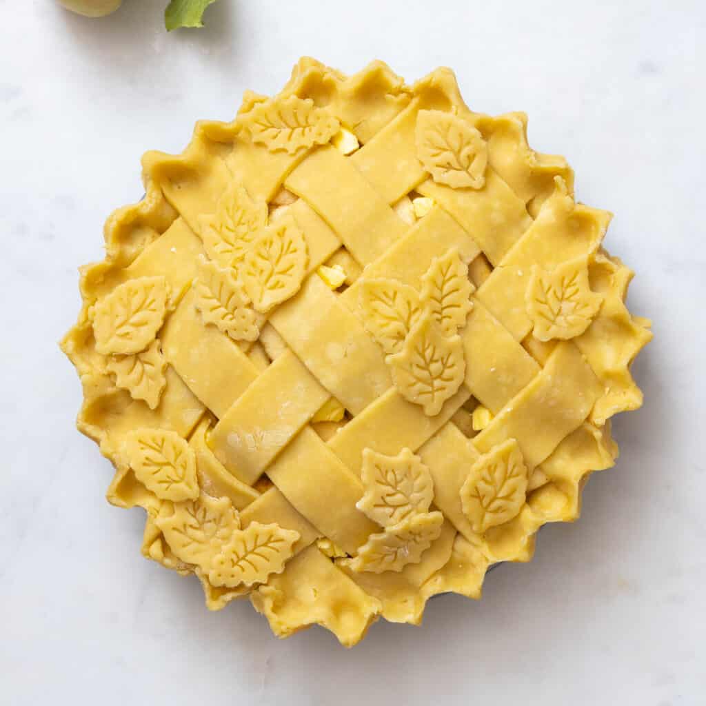 Apple Cheddar Pie with lattice and leaf crust