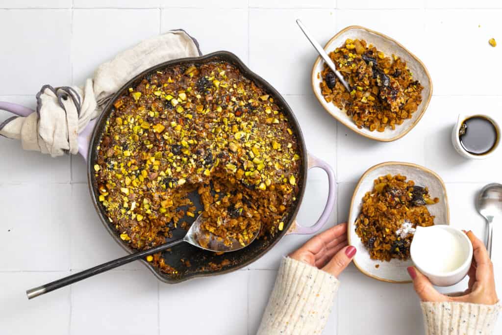 Adding cream to Baked Oatmeal Brûlée