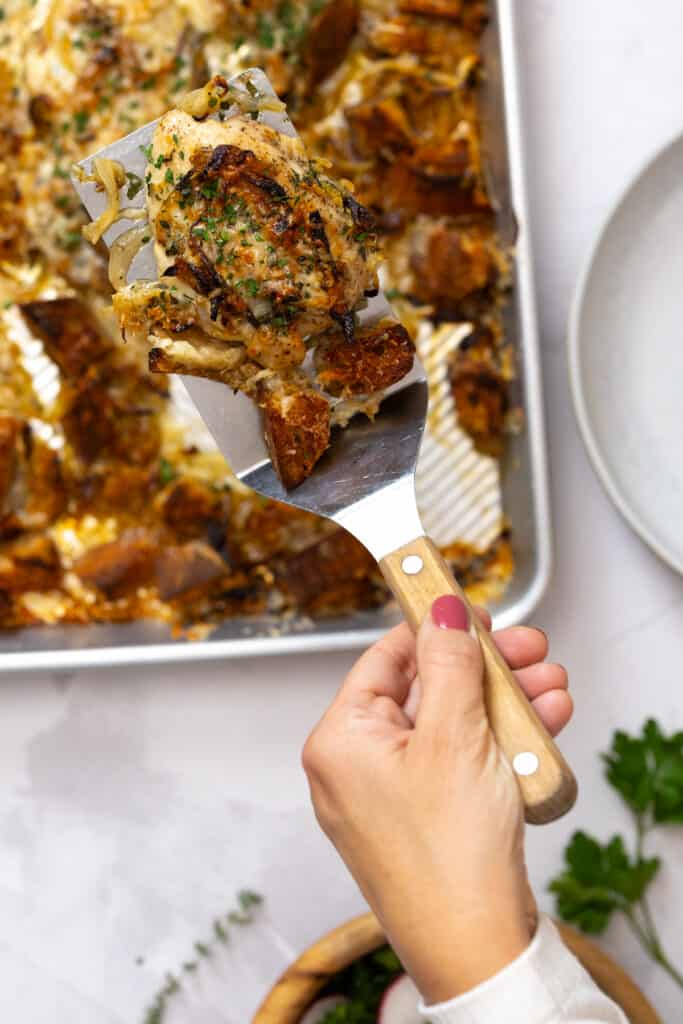 French Onion Sheet Pan Chicken serving