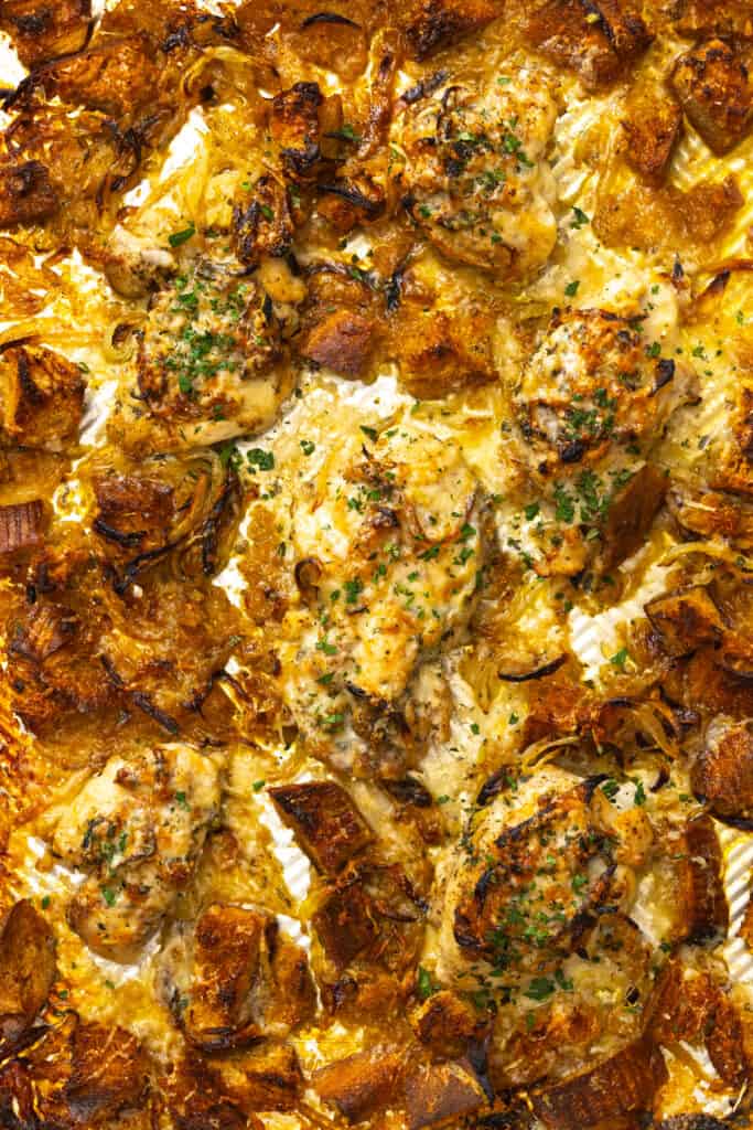French Onion Sheet Pan Chicken close up