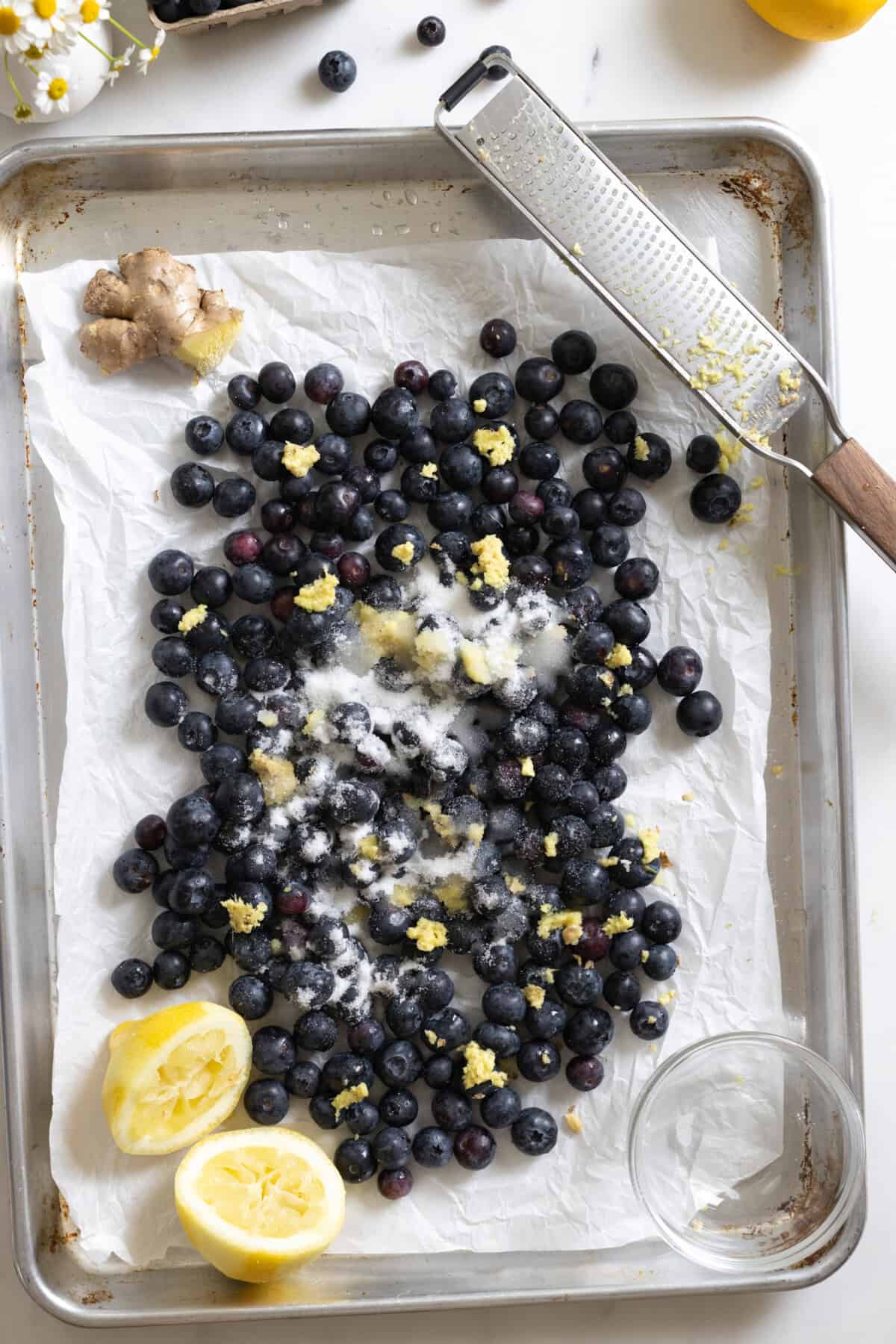 roasting California grown blueberries on baking sheet