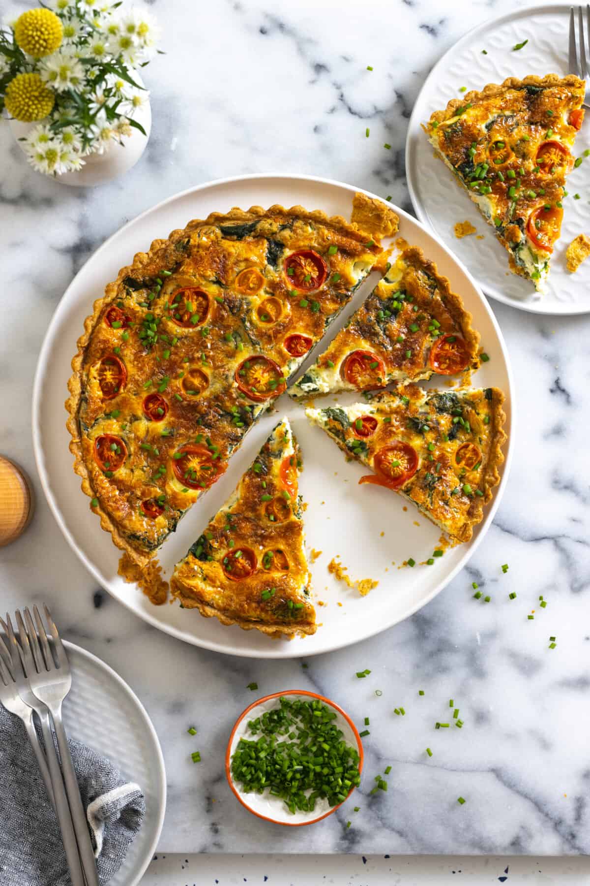 Spinach Tomato Quiche in Savory Tart Crust