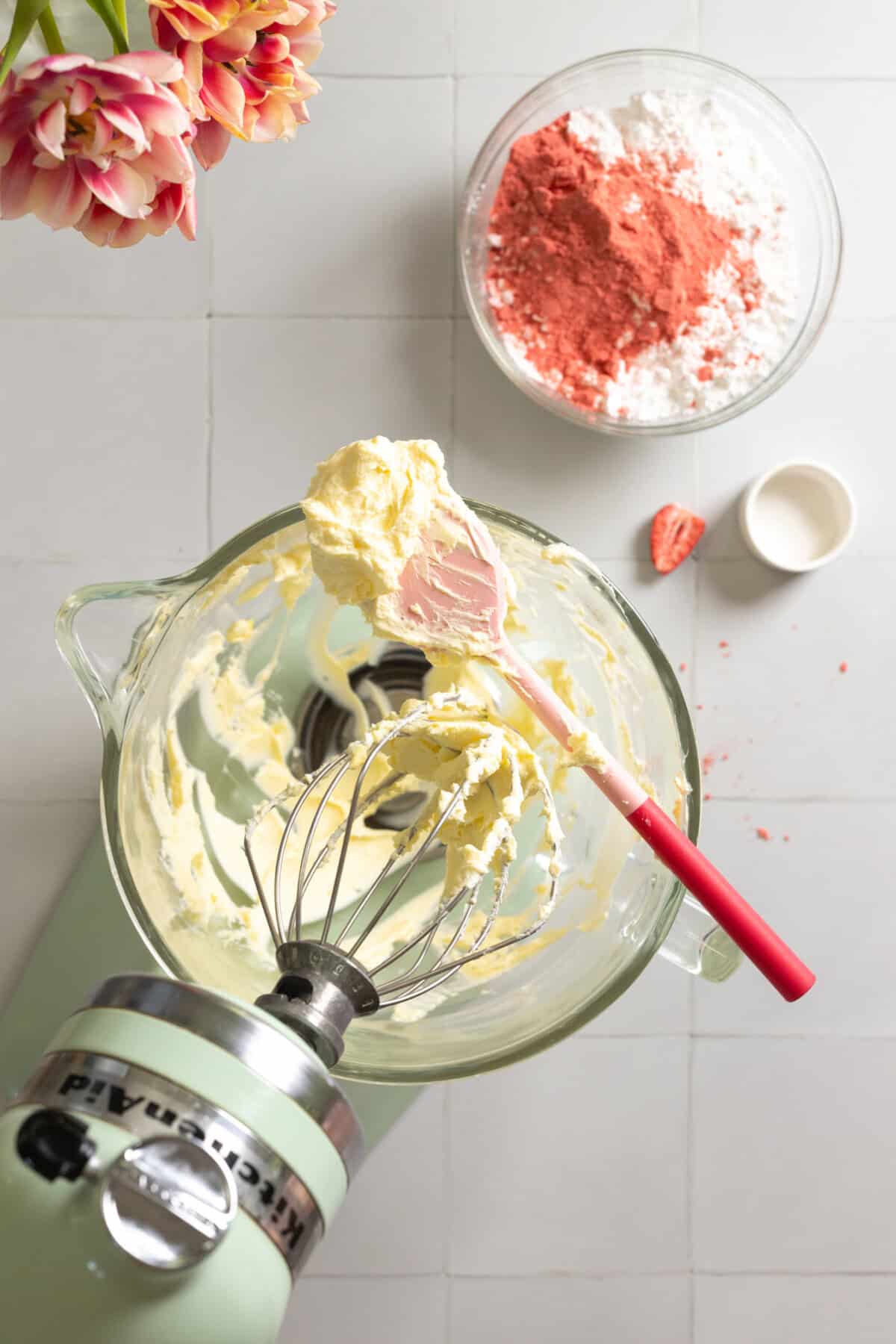 Creaming cream cheese and butter together