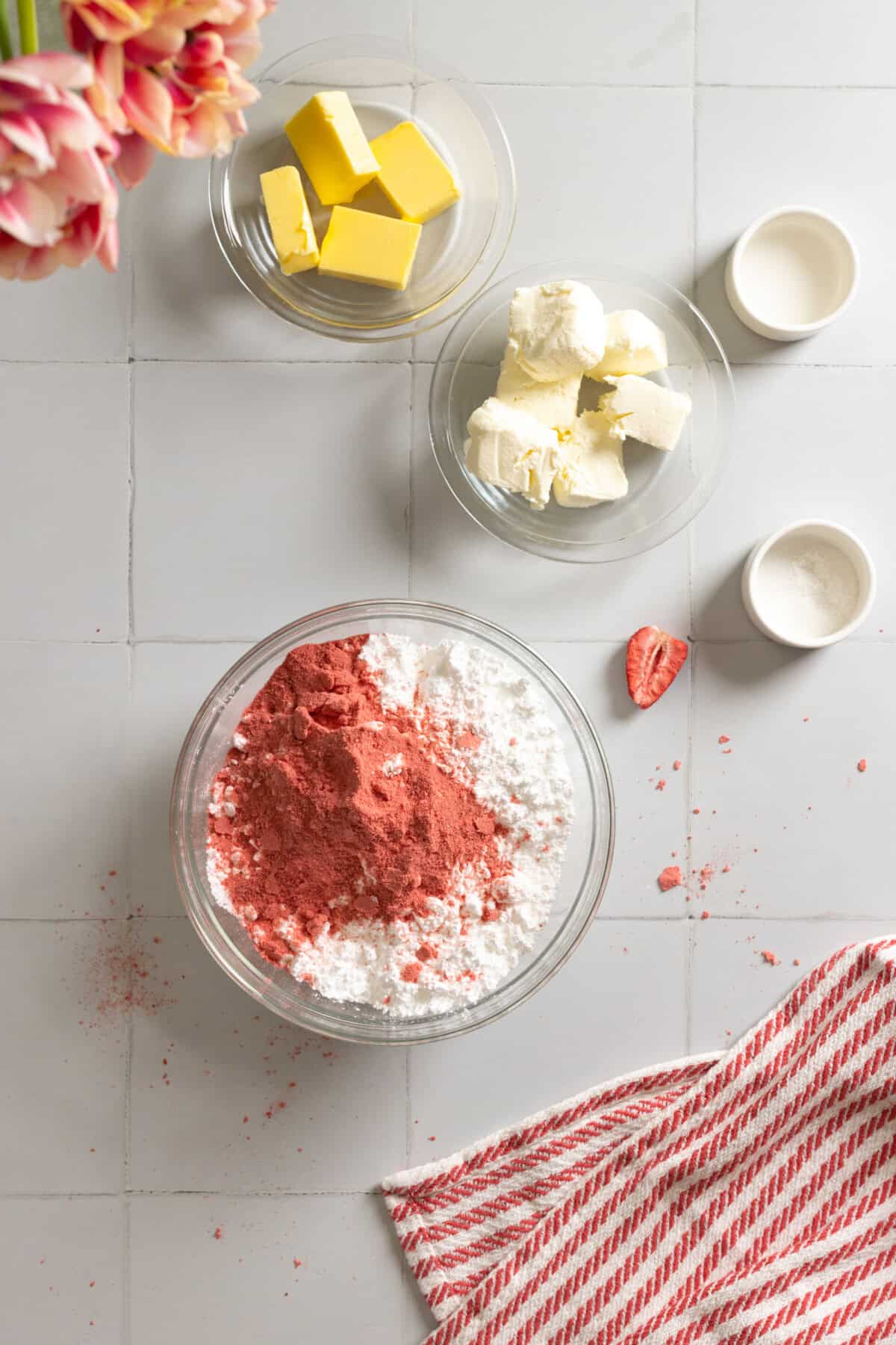 sifted powdered sugar and freeze dried strawberries