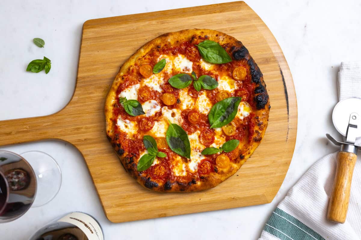 Margherita Pizza with Cherry Tomatoes on Quick and Easy Pizza Dough by Baking The Goods.