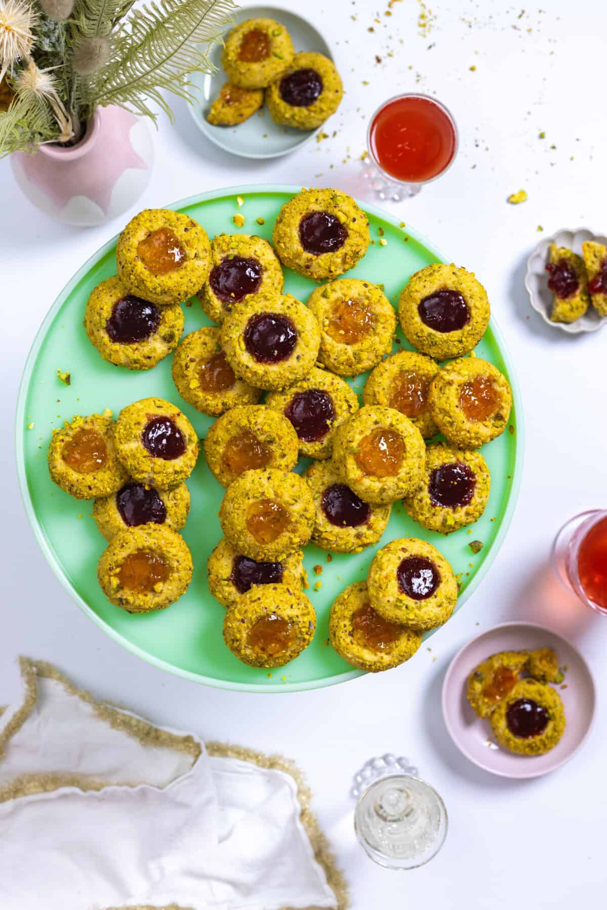 Jam thumbprint cookies with pistachios