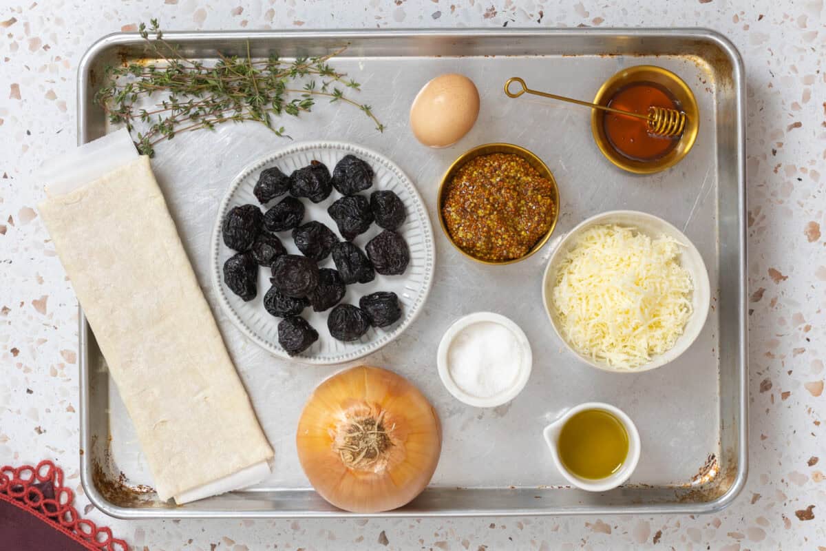 Ingredients for Prune Onion Fontina Puff Pastry Tarts
